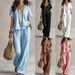 Women's Fashion Casual Two Piece Set V Neck Loose Short Sleeved Solid Color Cross Border Style European American 2026_ecoleips.com