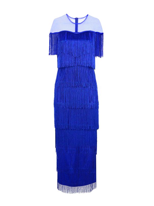 Women's Clothing Mesh Splicing Tassel Round Neck Dress High Waist Slim Evening Sexy Hip Skirt Dresses_ecoleips.com