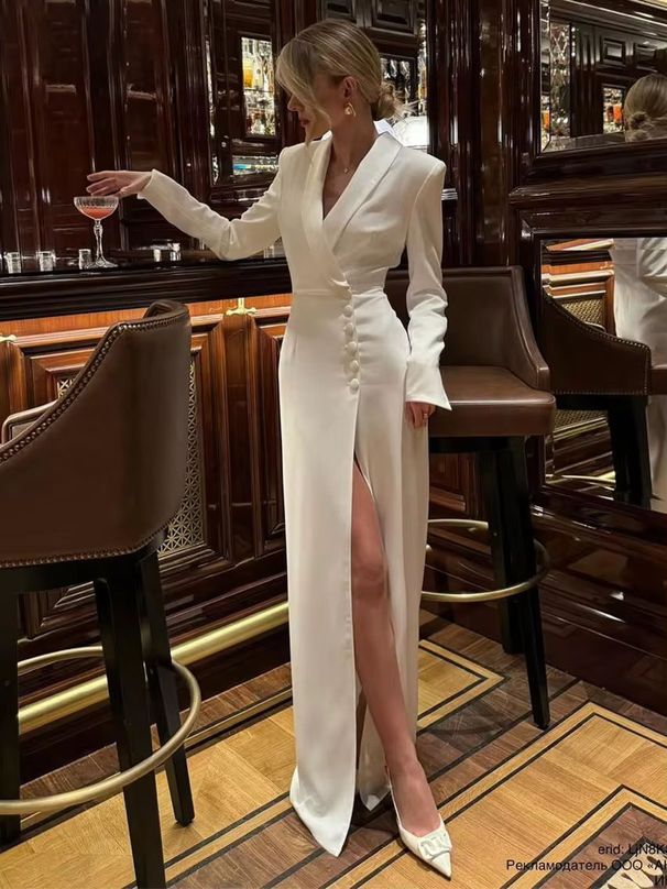 Women's Clothing White Slim Advanced Sexy V Neck Dress_ecoleips.com
