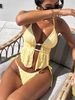 Women Textured Halter Two Piece Bikini Set, Front Cutout Pearl Decor Tie Side High Cut Swimsuit Summer Beach Bathing Suit_ecoleips.com