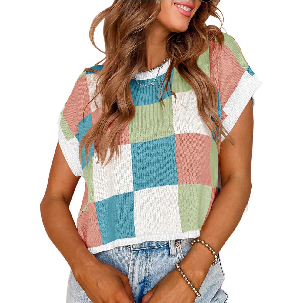 Women's Clothing Summer Cap Sleeve Navel Baring Short Sleeve Color Block Round Neck Knitted Checkerboard Sweater Short_ecoleips.com