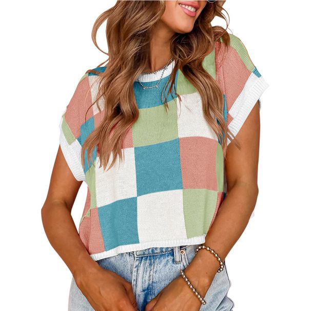 Women's Clothing Summer Cap Sleeve Navel Baring Short Sleeve Color Block Round Neck Knitted Checkerboard Sweater Short_ecoleips.com