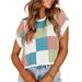 Women's Clothing Summer Cap Sleeve Navel Baring Short Sleeve Color Block Round Neck Knitted Checkerboard Sweater Short_ecoleips.com