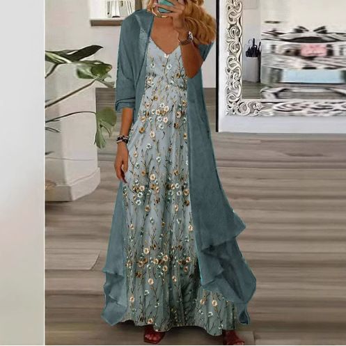 2025 Foreign Trade Women's Two-Piece Set Commuter Style Elegant Goddess Lazy Digital Print Camisole Chiffon Dress_ecoleips.com
