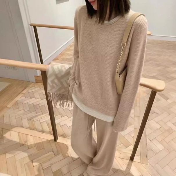 Korean Version Of Casual Fake Two-Piece Autumn Knitted Suit Women's Versatile Sports Top Loose Wide-Leg Two-Piece Set_ecoleips.com