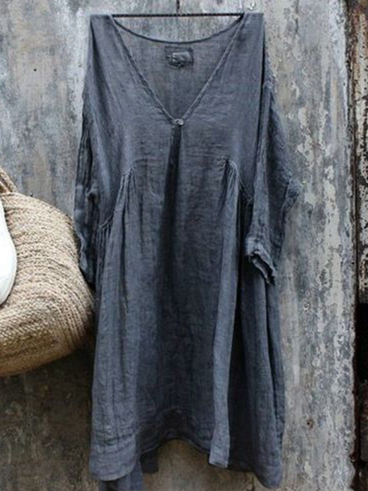 Women's Clothing Women's Cotton And Linen Retro V Neck Long Sleeved Top_ecoleips.com