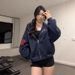 Women's Oversized Zip Up Hoodie, Casual Navy Letter Embroidery Loose Sweatshirt, Long Sleeve Streetwear Jacket For Daily Gym Workout Outdoor Wear, Sof_ecoleips.com