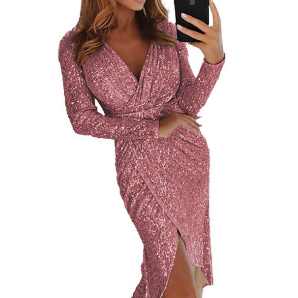 Verve New Women's Gold Foil Long Sleeve V-neck Shiny Evening Sexy Dress_ecoleips.com