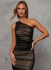 Women's Mesh Skirt Banquet Temperament Evening Dress Slim Slanted Shoulder Pleats 8133_ecoleips.com