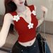 Women's Clothing Summer sweet hot girl sexy pure desire style arc v neck three dimensional flower clavicle design camisole vest female top_ecoleips.com