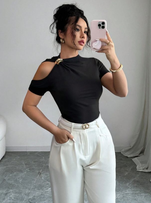 Women's Slim Fit Solid Color T-Shirt One Shoulder Metal Ring Short Sleeved Top Sexy Base Layer European American Style_ecoleips.com