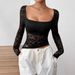 Elegant Women's Lace U Neck Long Sleeve T Shirt Top Asymmetrical Hem Style Fashion_ecoleips.com