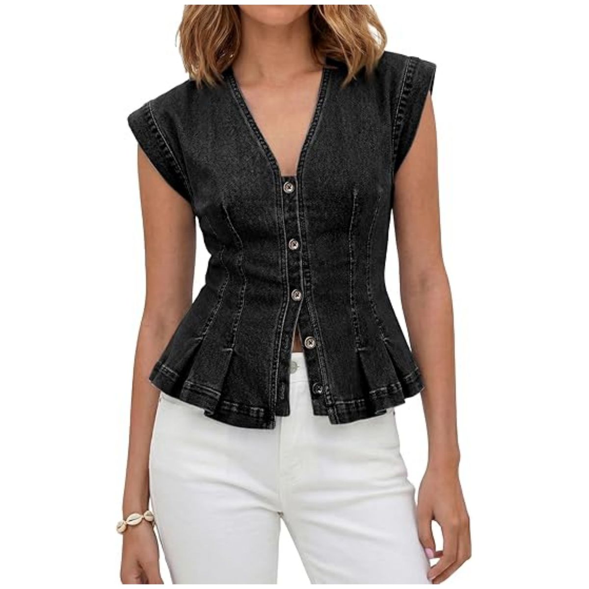 Women's V Neck Slim Fit Denim Vest Top Fashionable Casual Button Down European American Style Cross Border Sleeveless Pleated_ecoleips.com