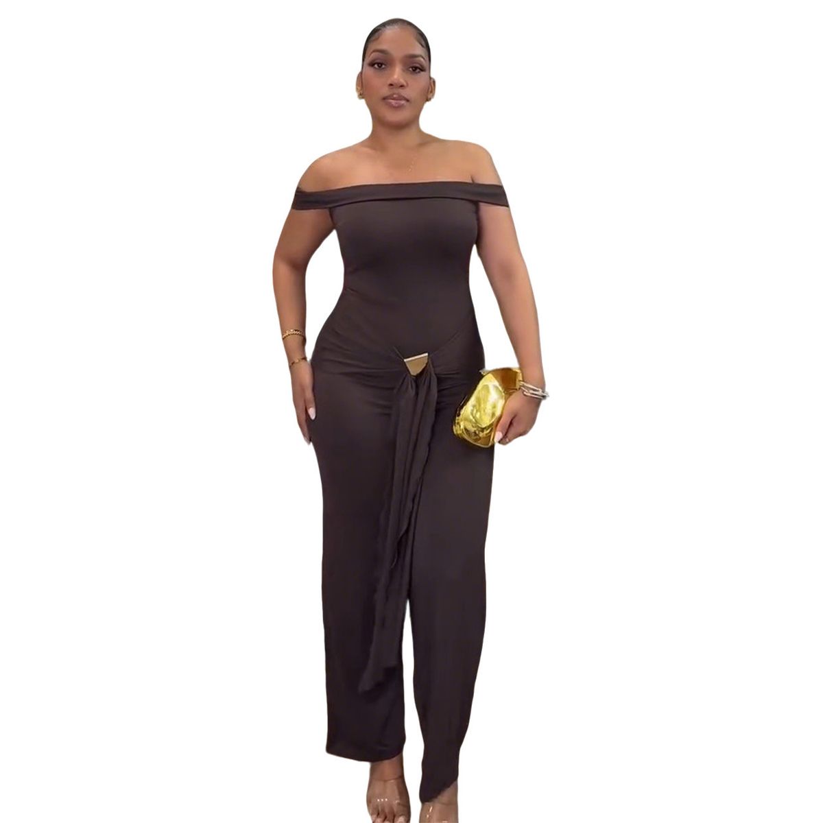 Women's Clothing Elegant Off-Shoulder Casual Jumpsuit Lace-Up Trim Commuter-Friendly Denim Jeans For Formal & Casual_ecoleips.com