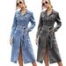 Women’s Long-Sleeve Belted Denim Shirt Dress – Slimming Tunic Top With Waist Tie (Blue/Black, S-XXXL)_ecoleips.com