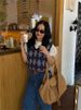 Siyuan Clearance Returns No Exchanges Navy Blue Sleeveless Diamond Knit Vest Plaid Gilet Top 1024_ecoleips.com