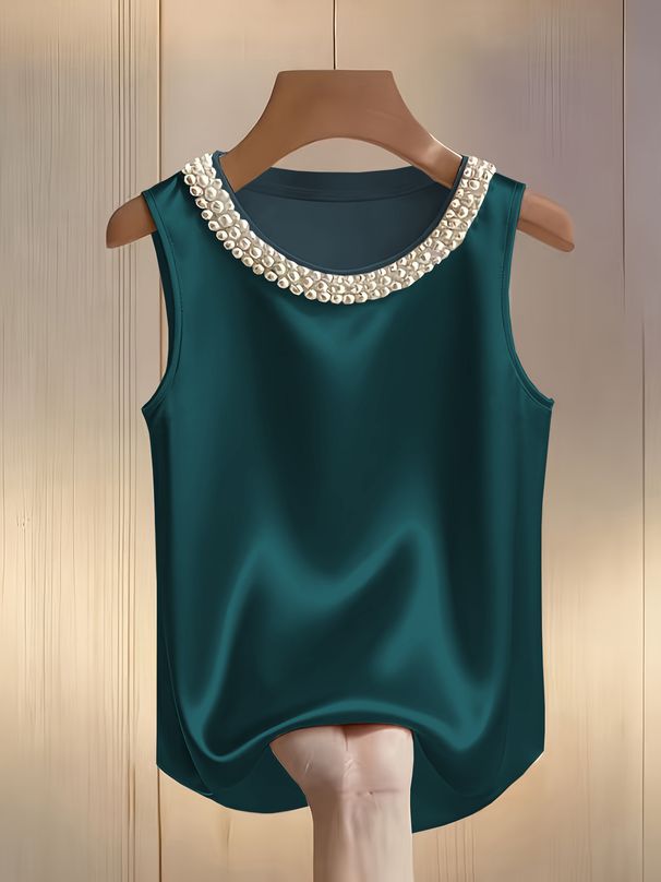 Women's Pearl Embellished Satin Camisole Top, Round Neck Elegant Blouse For Spring Summer Premium Satin-Feel Fabric_ecoleips.com