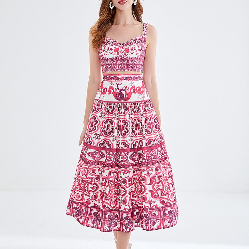 Blue And White Porcelain Print Women's Summer Suit Pure Lust Revealing Waist Camisole High Waist Mid Length Skirt_ecoleips.com