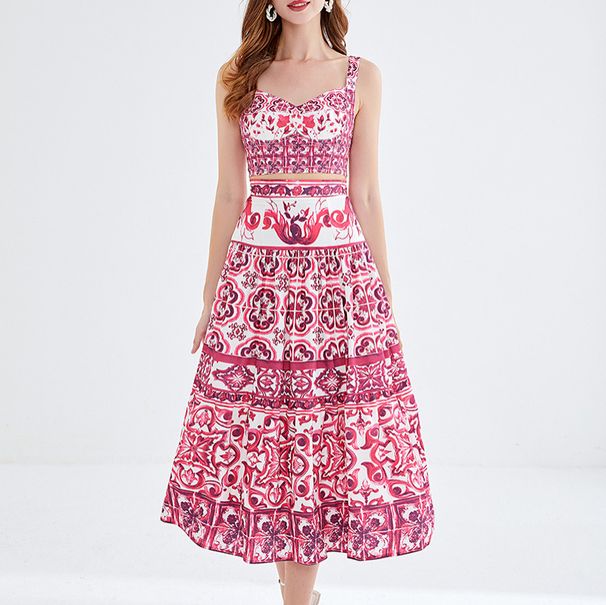Blue And White Porcelain Print Women's Summer Suit Pure Lust Revealing Waist Camisole High Waist Mid Length Skirt_ecoleips.com
