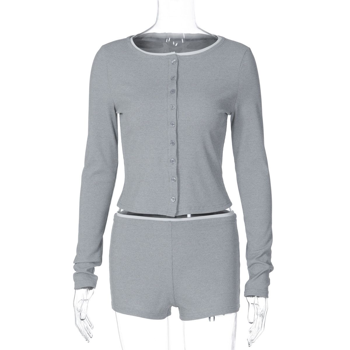European American Style Women's Two Piece Set round Neck Long Sleeve Cardigan Top with Shorts Autumn Fashion Casual Clothing_ecoleips.com