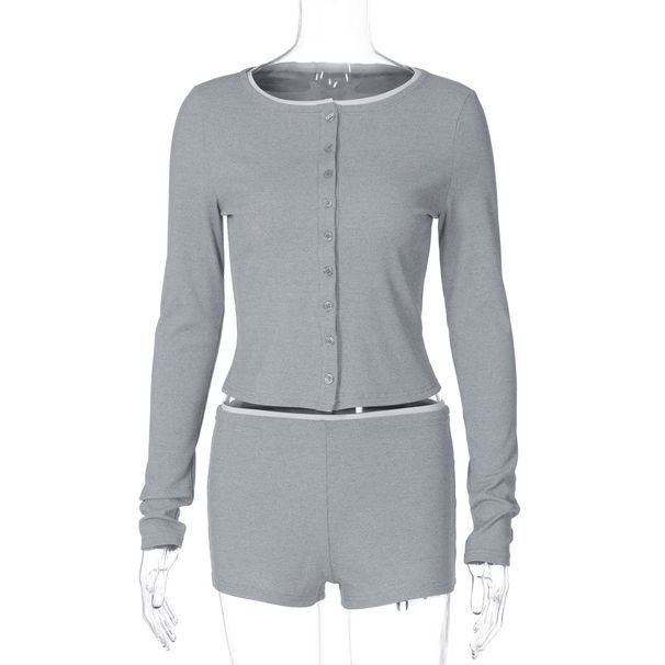 European American Style Women's Two Piece Set round Neck Long Sleeve Cardigan Top with Shorts Autumn Fashion Casual Clothing_ecoleips.com