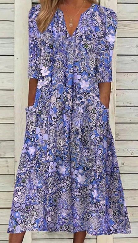 Women's Summer V Neck Casual Dress Printed with Pockets European And American Style Vacation Homewear 2023 New Arrival_ecoleips.com