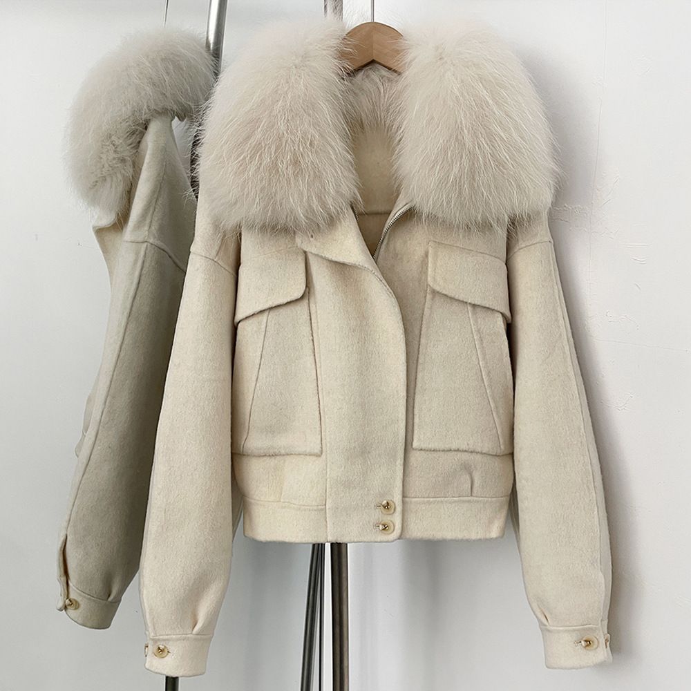 Women's Double-Faced Wool Coat With Removable Raccoon Fur Collar – Short Workwear Style (White Oats, Black, Greyish, Burgundy, Brown, White_ecoleips.com