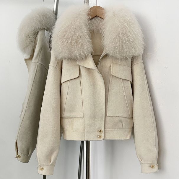 Women's Double-Faced Wool Coat With Removable Raccoon Fur Collar – Short Workwear Style (White Oats, Black, Greyish, Burgundy, Brown, White_ecoleips.com