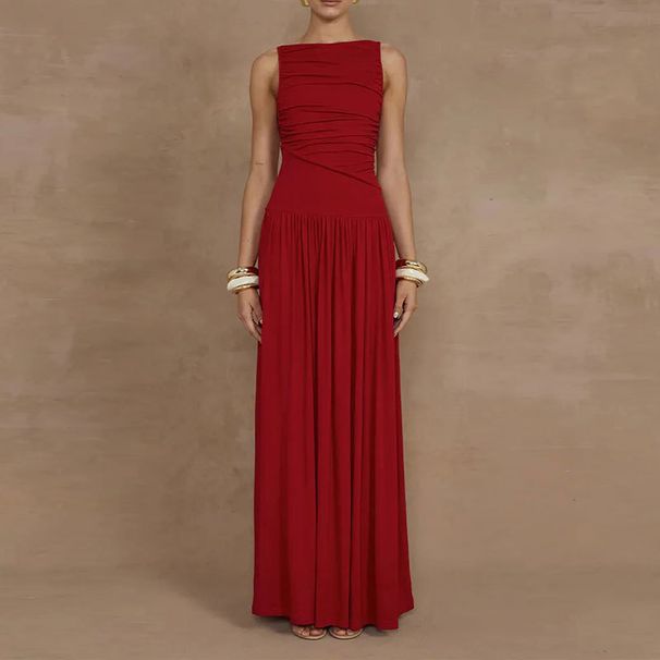 Women's Clothing Spring Women's Long Dress Sexy Simple Solid Color Pleated Waist Cinching For Formal & Casual For Women_ecoleips.com