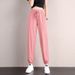 1pcs Summer Womens Ice Silk Pants Female High Elastic Waist Drawstring Pocket Loose Straight Trousers Student Sports Harun Pants_ecoleips.com