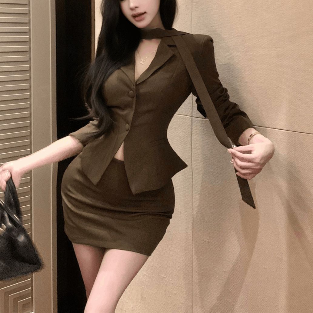 girl Elegant High-End With Long Sleeve Waist-Cinching Blazer Bodycon Skirt For Women, Spring And Autumn Two-Piece Set_ecoleips.com
