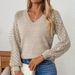 Women's Clothing Pullover Long Sleeve Elegant Solid Color Knit Pullover Sweater With Crochet Detailing, Loose Fit V-Neck Long Sleeve Top For Women_ecoleips.com