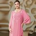 Ba3042: Chrysanthemum Pink Hand-Stitched Diamond-Chained Chiffon Long Dress With Loose Skirt And Abaya Style Design_ecoleips.com