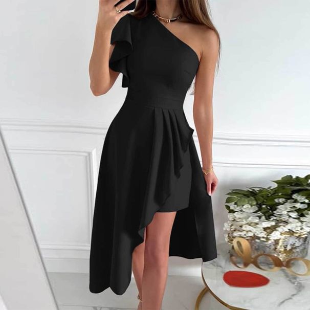 Women's Clothing One Shoulder Sleeveless Pleated Wedding Guest Medium Length Prom Banquet Small Evening Dress_ecoleips.com