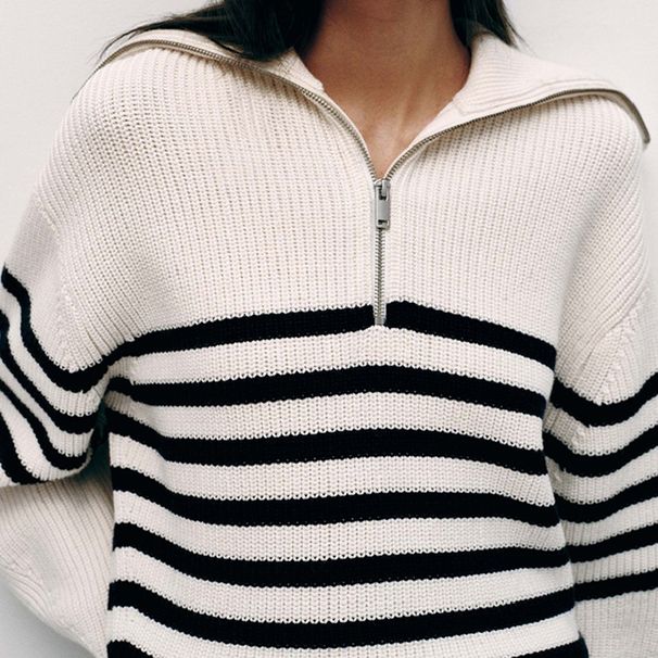 Women's Wool Blend Striped High Neck Sweater - Thick Knit Oversized Pullover With Lantern Sleeves & Zip Detail_ecoleips.com