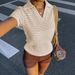 Aria Basics Aria Basics European And American Foreign Trade Simple Striped T-Shirt Women's Summer Comfortable Loose Polo Collar Deep V_ecoleips.com