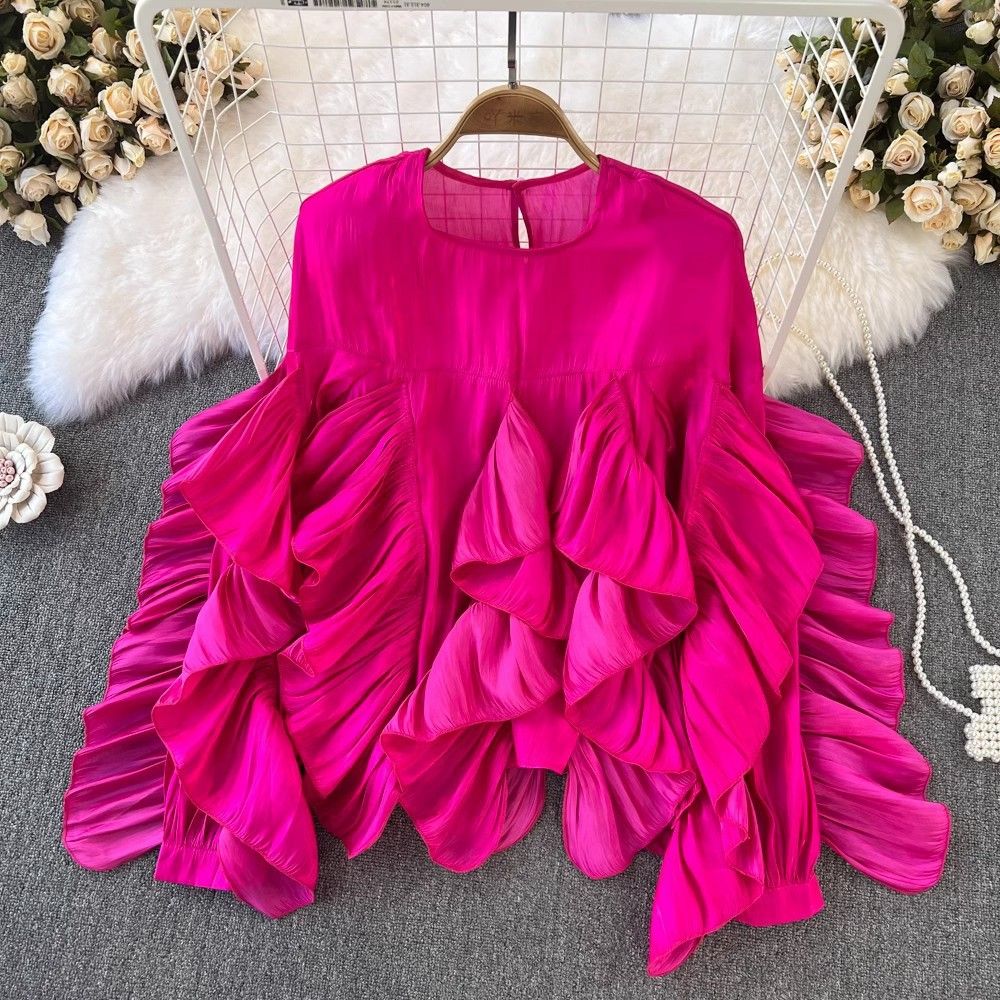 Spring And Summer New Retro Temperament Round Neck Ruffle Loose Long Sleeved Female Foreign Style Irregular Shirt_ecoleips.com