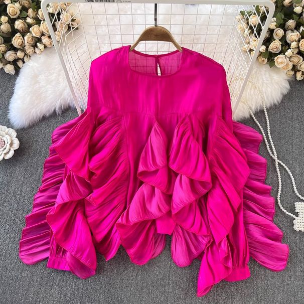 Spring And Summer New Retro Temperament Round Neck Ruffle Loose Long Sleeved Female Foreign Style Irregular Shirt_ecoleips.com