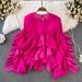Spring And Summer New Retro Temperament Round Neck Ruffle Loose Long Sleeved Female Foreign Style Irregular Shirt_ecoleips.com