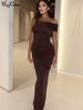 Hugcitar Elegant Solid One Shoulder Short Sleeve Ruched Sexy Slit Maxi Prom Dress Women Clothes Evening Party Birthday Wholesale_ecoleips.com