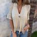 Women's Mid Sleeve Knit Cardigan Single Button Hollow Out Top Spring Autumn_ecoleips.com