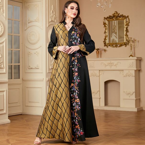 Women's Clothing Contrast Color Stitching Embroidery Elegant Style Long Sleeve Dress_ecoleips.com