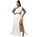 Women's Large Size Two Piece Suit Solid Color Oblique Shoulder Sexy Hip Wrapped Split European American Style_ecoleips.com