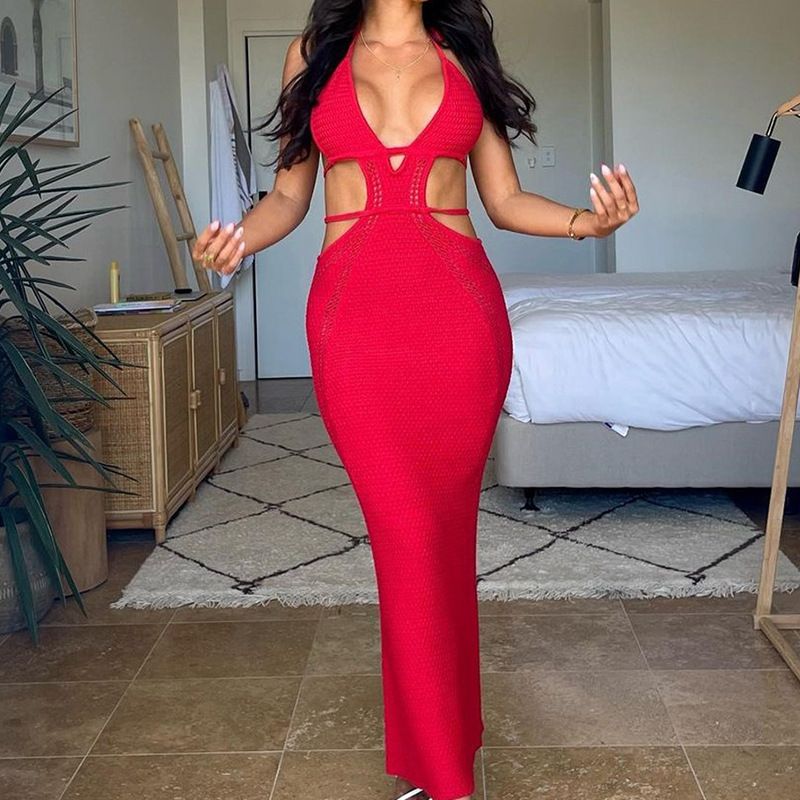 Women's Clothing Sexy Waist Baring Halter Neck Strap Low Neck Large Backless Long Beach Dress_ecoleips.com