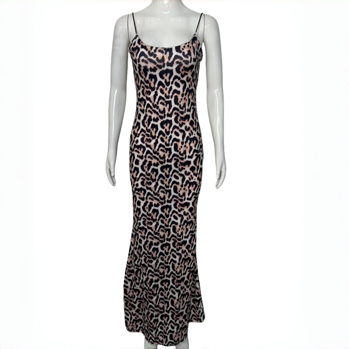 Leopard Print Spaghetti Strap Long Beach Dress Womens Summer Casual Beach Wear Polyester Flowy Maxi Sundress For Vacation_ecoleips.com