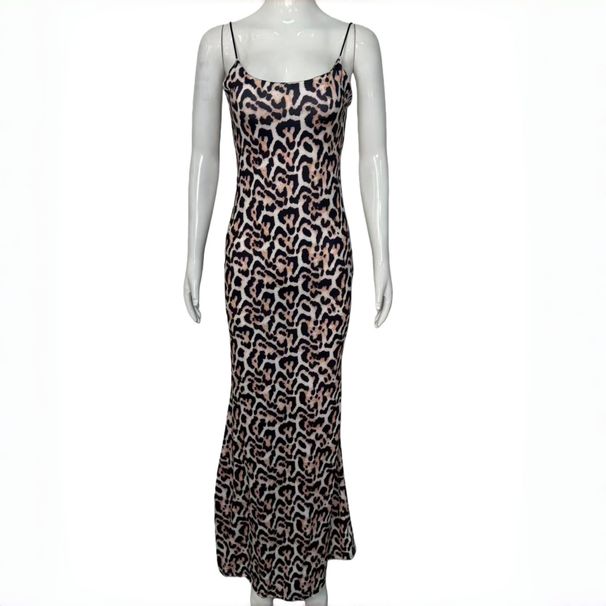 Leopard Print Spaghetti Strap Long Beach Dress Womens Summer Casual Beach Wear Polyester Flowy Maxi Sundress For Vacation_ecoleips.com