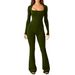 K Women's Long Sleeved Abdominal Cinching Waist Cinching Hip Lifting Square Collar Wide Leg High Stretch Jumpsuit_ecoleips.com
