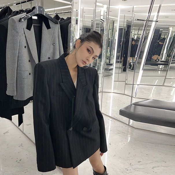 Black Striped Blazer For Women, New Spring And Autumn Style, High-end, Trendy, Niche, Loose Silhoute, Casual Suit_ecoleips.com