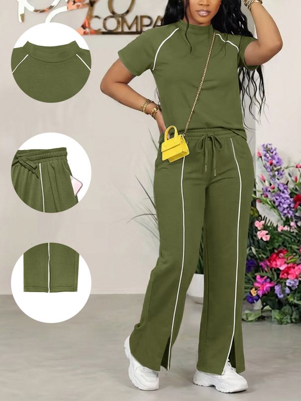 Women's Clothing Women's Short Sleeve Top And Pants Set | Casual Summer Two-Piece Outfit In Army Green_ecoleips.com
