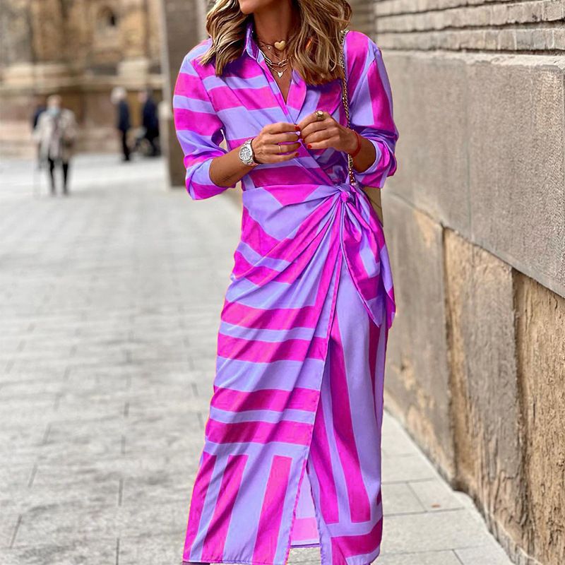 Women's Clothing Digital Long Sleeved High Waist V Neck Sexy Shirt Style Geometric Pattern Lace Up Dress_ecoleips.com